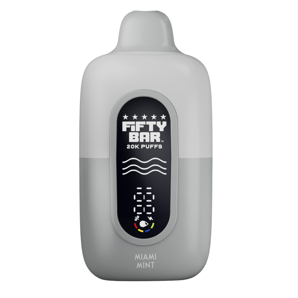 Miami Mint Fifty Bar White Series 20K puffs disposable vape in white and grey with digital display