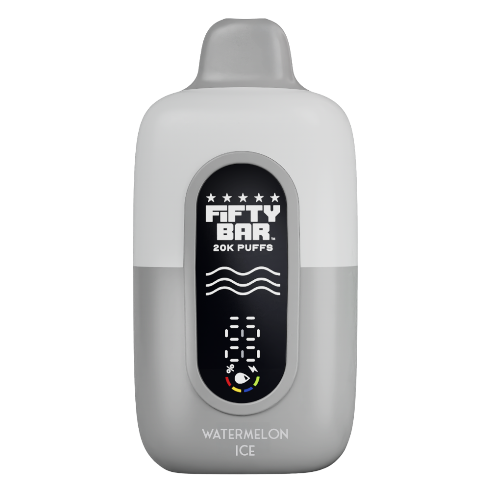 Watermelon Ice Fifty Bar Texas Edition 20K puffs disposable vape in white and grey with digital display