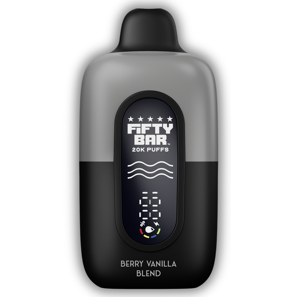 Berry Vanilla Blend Fifty Bar Nixodine 20K puffs disposable vape in black and grey with digital display
