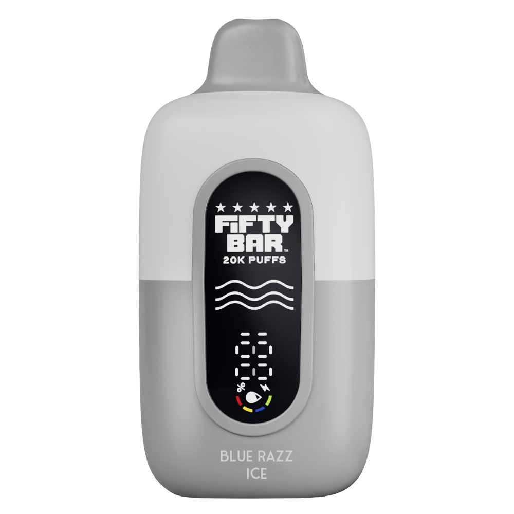 Blue Razz Ice Fifty Bar Texas Edition 20K puffs disposable vape in white and grey with digital display
