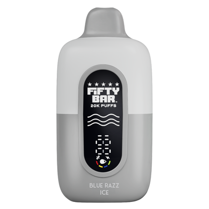 Blue Razz Ice Fifty Bar Texas Edition 20K puffs disposable vape in white and grey with digital display