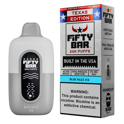 Blue Razz Ice Fifty Bar Texas Edition 20K puffs disposable vape with box showing dual parallel mesh coil and 5% nic salt