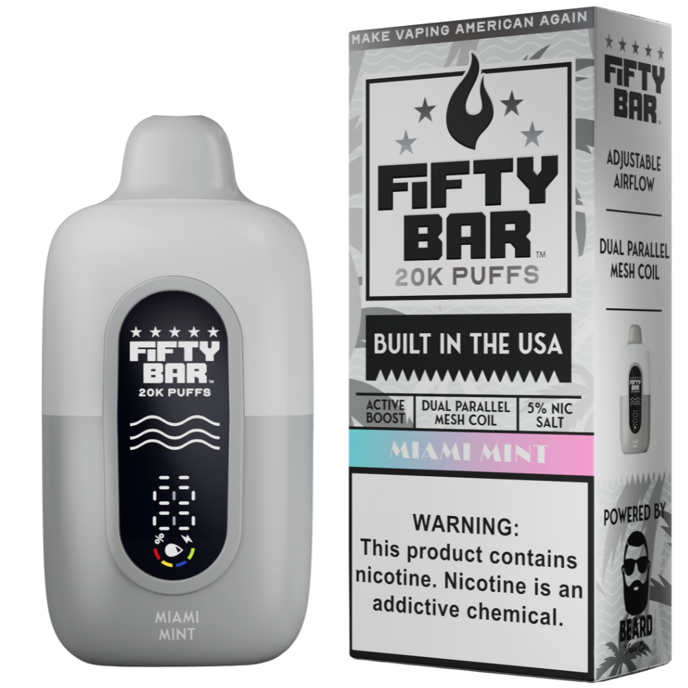 Miami Mint Fifty Bar White Series 20K puffs disposable vape with box showing dual parallel mesh coil and 5% nic salt