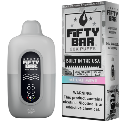 Miami Mint Fifty Bar White Series 20K puffs disposable vape with box showing dual parallel mesh coil and 5% nic salt