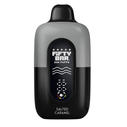 A Fifty Bar disposable vape device in Salted Caramel flavor, featuring a black and gray body with a digital display showing 20K puffs 