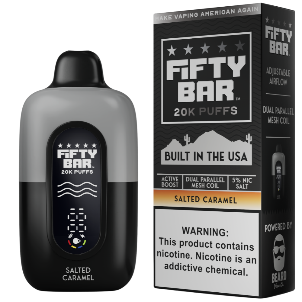 A Fifty Bar 20K Puffs disposable vape device in Salted Caramel flavor next to its retail packaging box, shown on a clean white background.