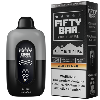 A Fifty Bar 20K Puffs disposable vape device in Salted Caramel flavor next to its retail packaging box, shown on a clean white background.
