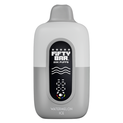Watermelon Ice Fifty Bar Texas Edition 20K puffs disposable vape in white and grey with digital display