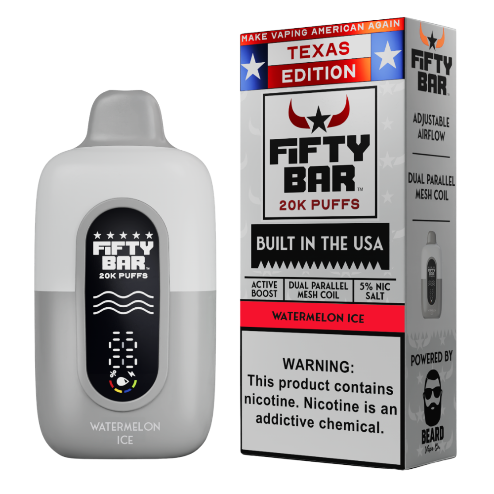 Watermelon Ice Fifty Bar Texas Edition 20K puffs disposable vape with box showing adjustable airflow and 5% nic salt