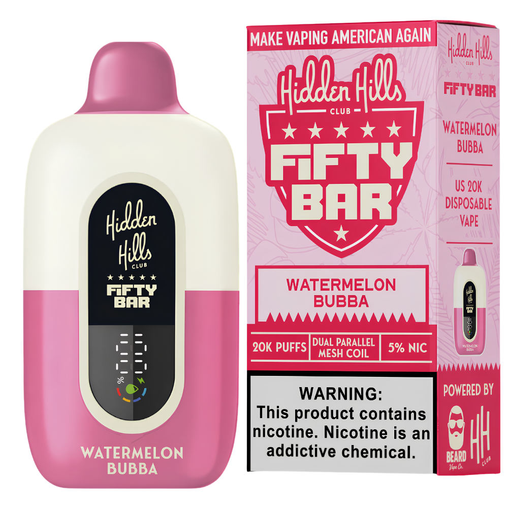 Buy Watermelon Bubba Hidden Hills Fifty Bar 20K puffs disposable vape with box featuring dual parallel mesh coil and 5% nic
