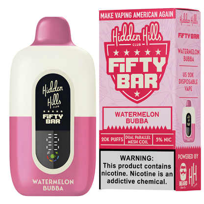 Buy Watermelon Bubba Hidden Hills Fifty Bar 20K puffs disposable vape with box featuring dual parallel mesh coil and 5% nic