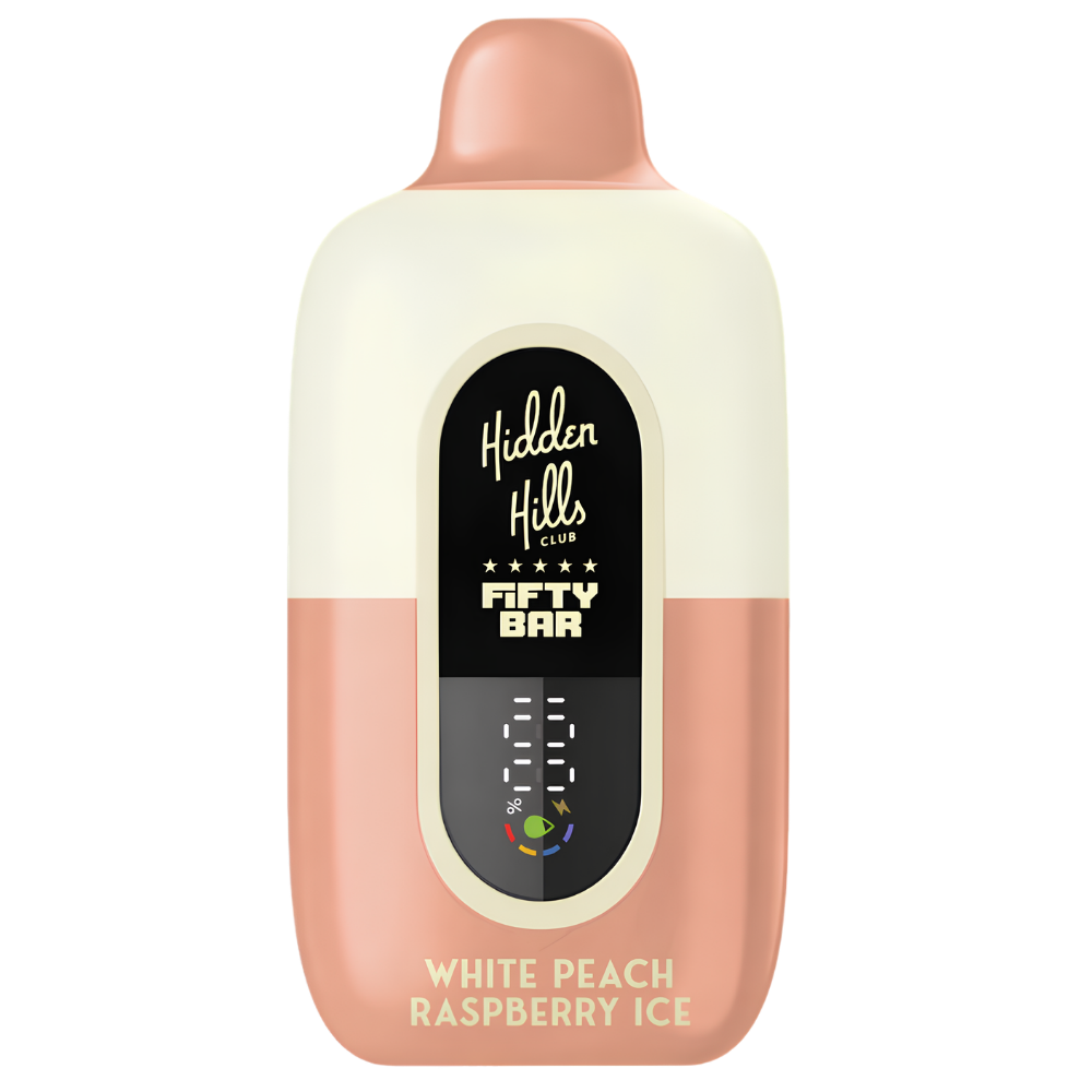 White Peach Raspberry Ice Hidden Hills Fifty Bar 20K puffs iced disposable vape with digital display