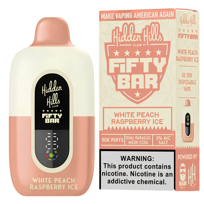 Buy White Peach Raspberry Ice Hidden Hills Fifty Bar 20K puffs iced disposable vape with box and dual parallel mesh coil